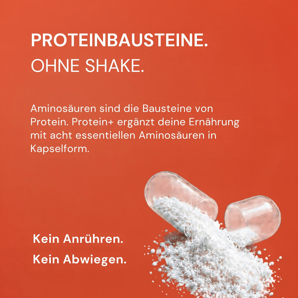 Geöffnete Kapsel mit Aminosäurenpulver: Proteinbausteine ohne Shake, ohne Anrühren und Abwiegen
