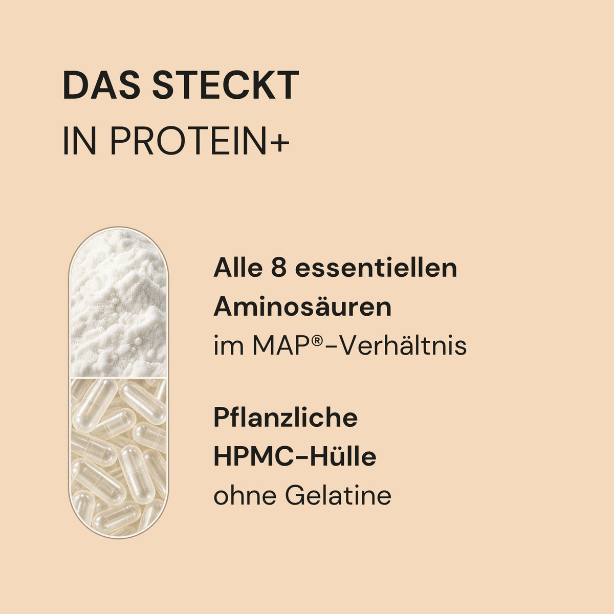 Zutaten von Protein+: alle 8 essentiellen Aminosäuren im MAP-Verhältnis und pflanzliche Kapselhülle ohne Gelatine