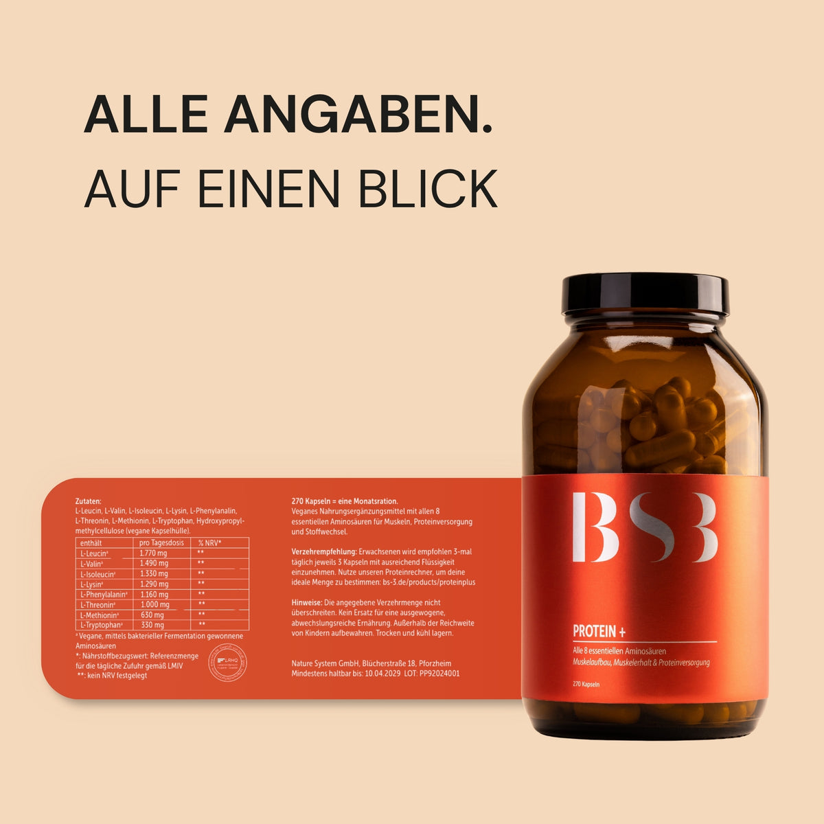 Etikett von Protein+ mit Zutaten, Nährwerten pro Tagesportion und Verzehrempfehlung