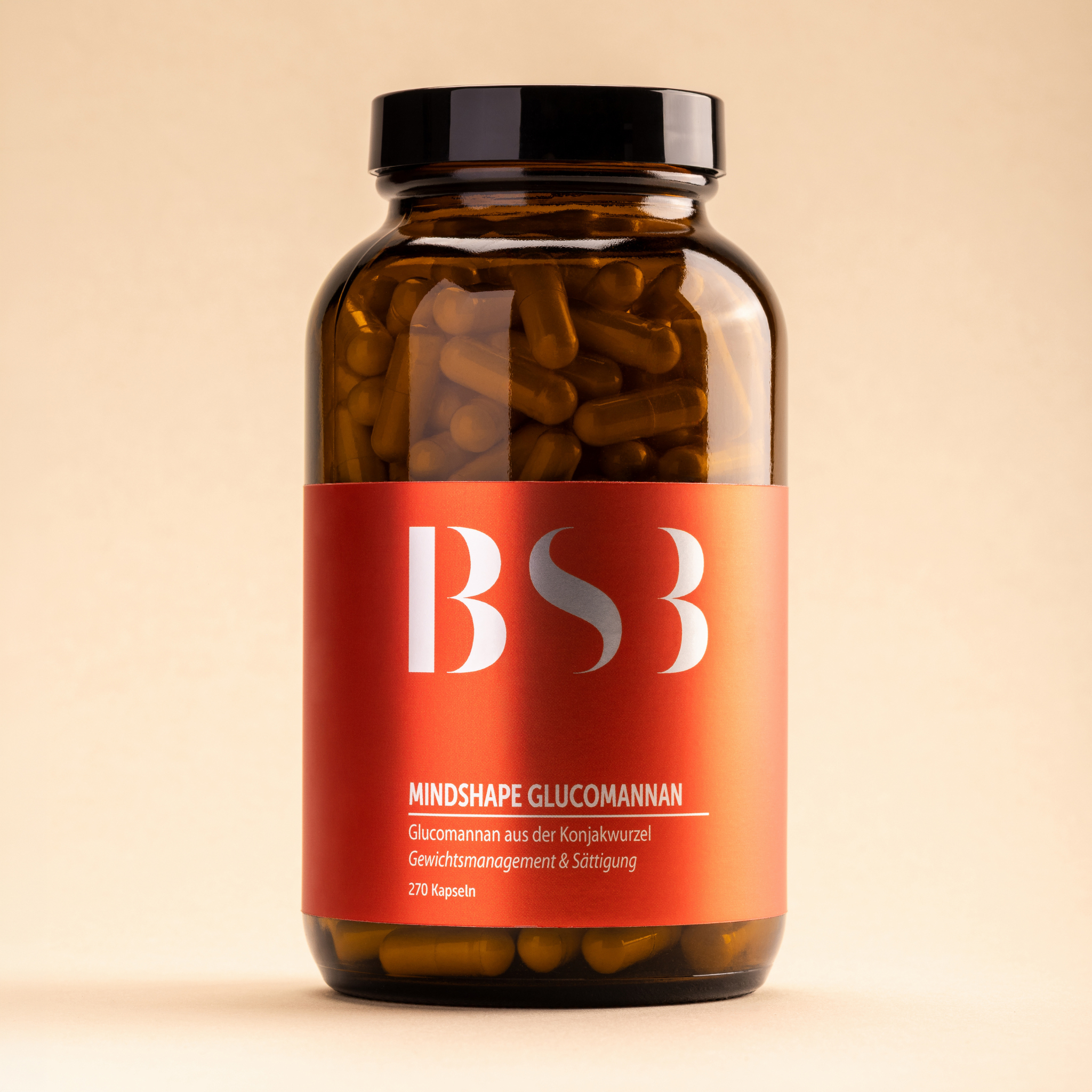 Minishape Glucomannan Kapseln von BeautySystem-3, Nahaufnahme von Verpackung und Kapseln auf weißem Hintergrund