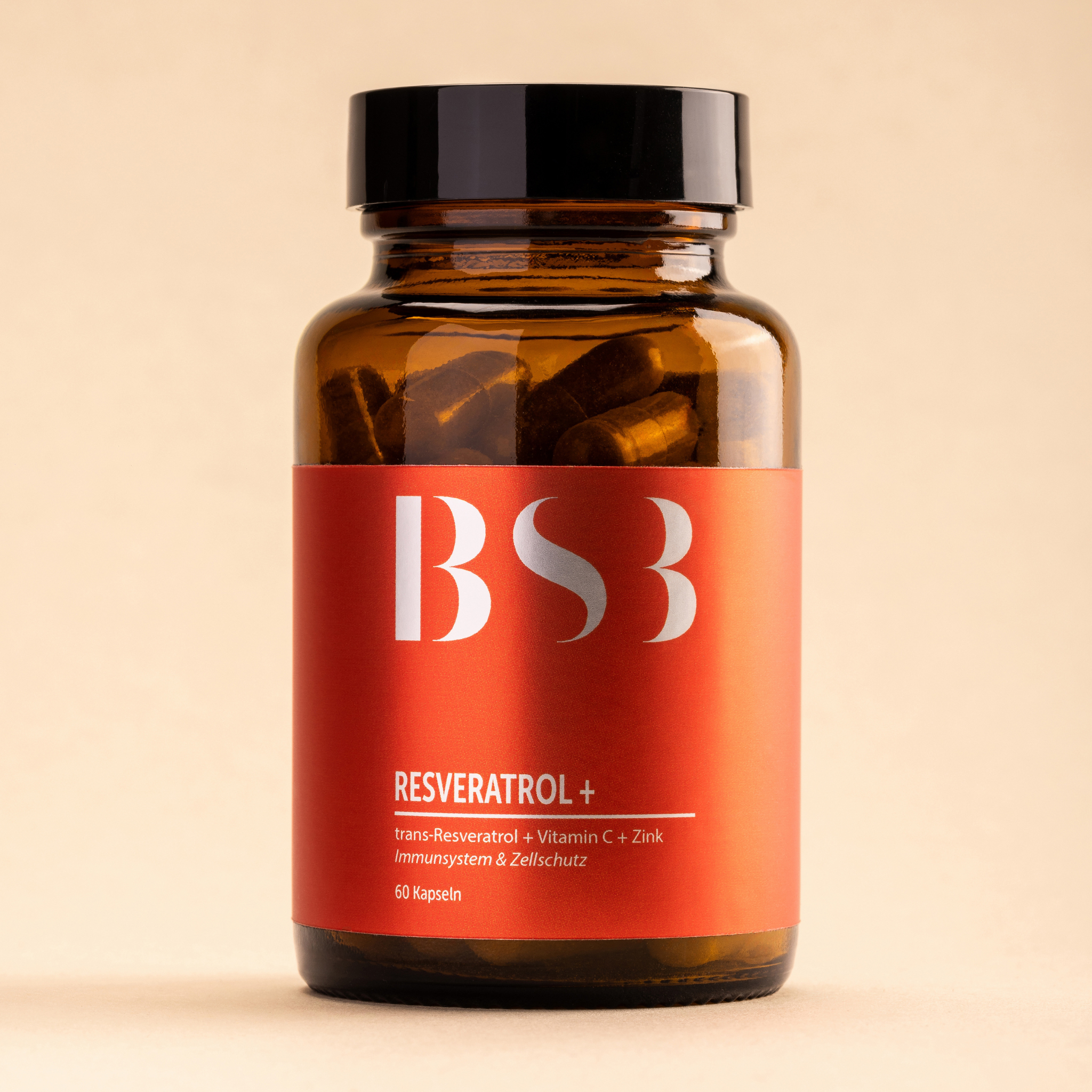 Hautpflegeprodukt RESVERATROL+ von BeautySystem-3 mit Flasche und Tropfer, Nahaufnahme der Verpackung auf weißem Hintergrund