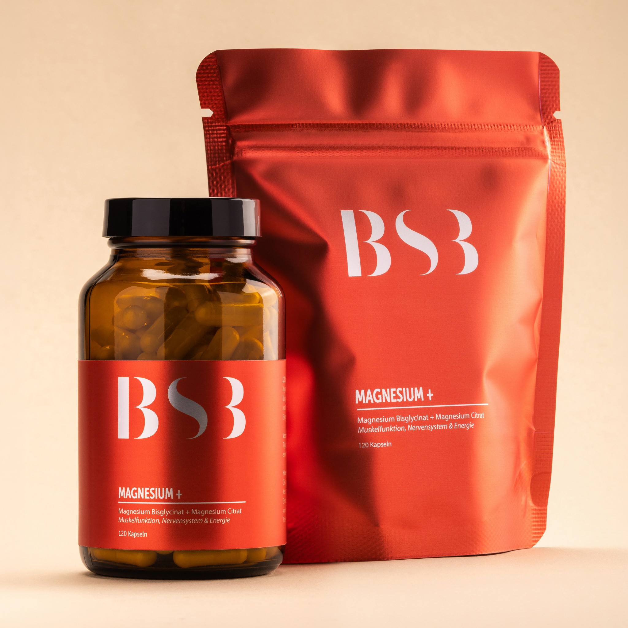 Magnesium+ Nahrungsergänzungsmittel von BeautySystem-3, Nahaufnahme der Packung mit weißen Tabletten und blauer Verpackung
