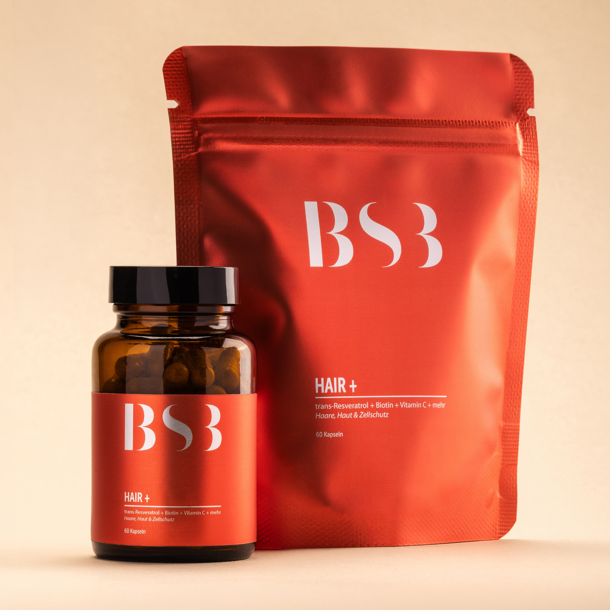Drei Haarpflegeprodukte von BeautySystem-3 HAIR+ in einer stilvollen Verpackung, ideal für gesundes, glänzendes Haar.