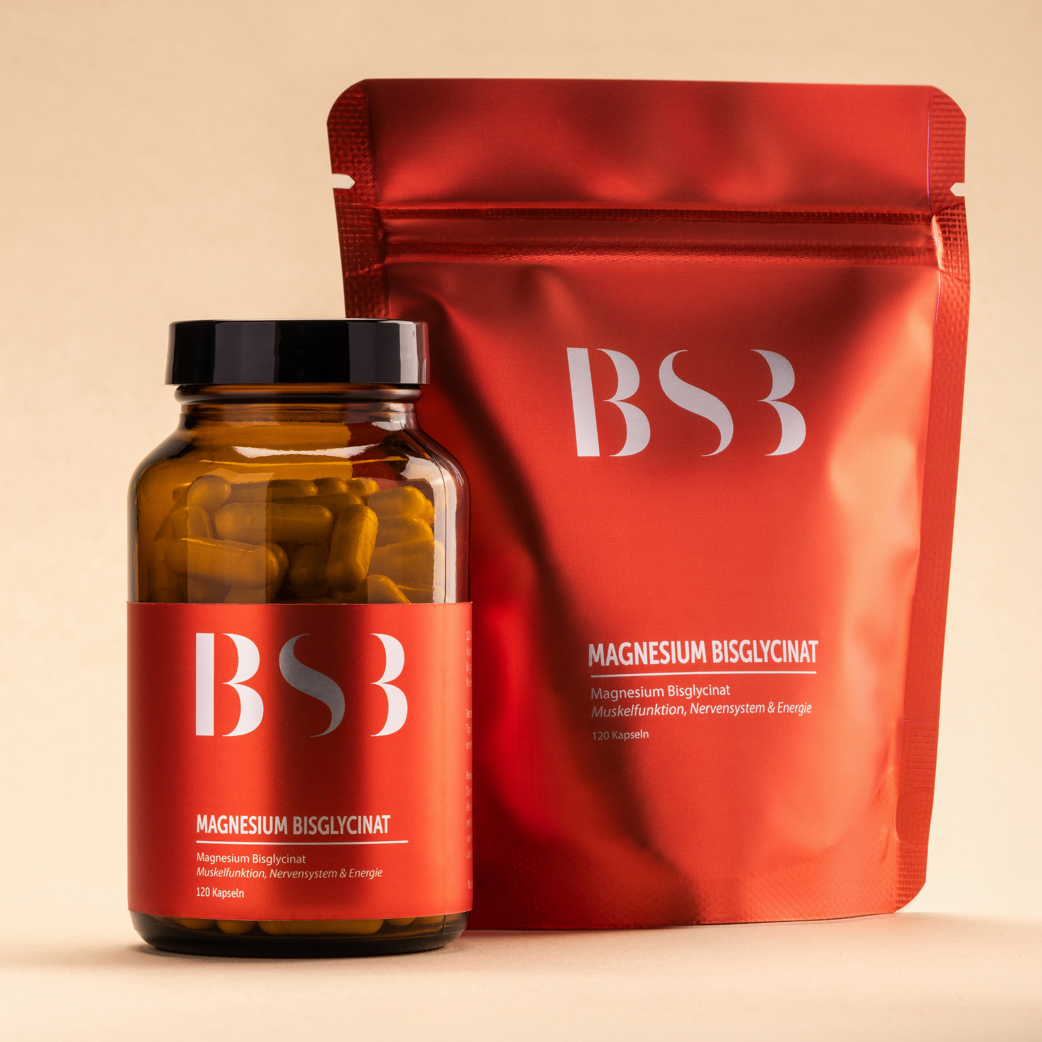 Magnesium Bisglycinat von BeautySystem-3, helle Tabletten in einer weißen Dose, Nahaufnahme der Nahrungsergänzungsmittel.