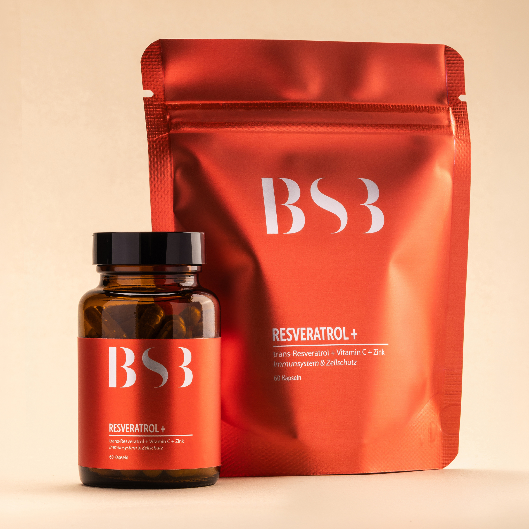 Resveratrol+ Nahrungsergänzungsmittel von BeautySystem-3, zeigt die Flasche mit grüner Verpackung und weißen Kapseln.