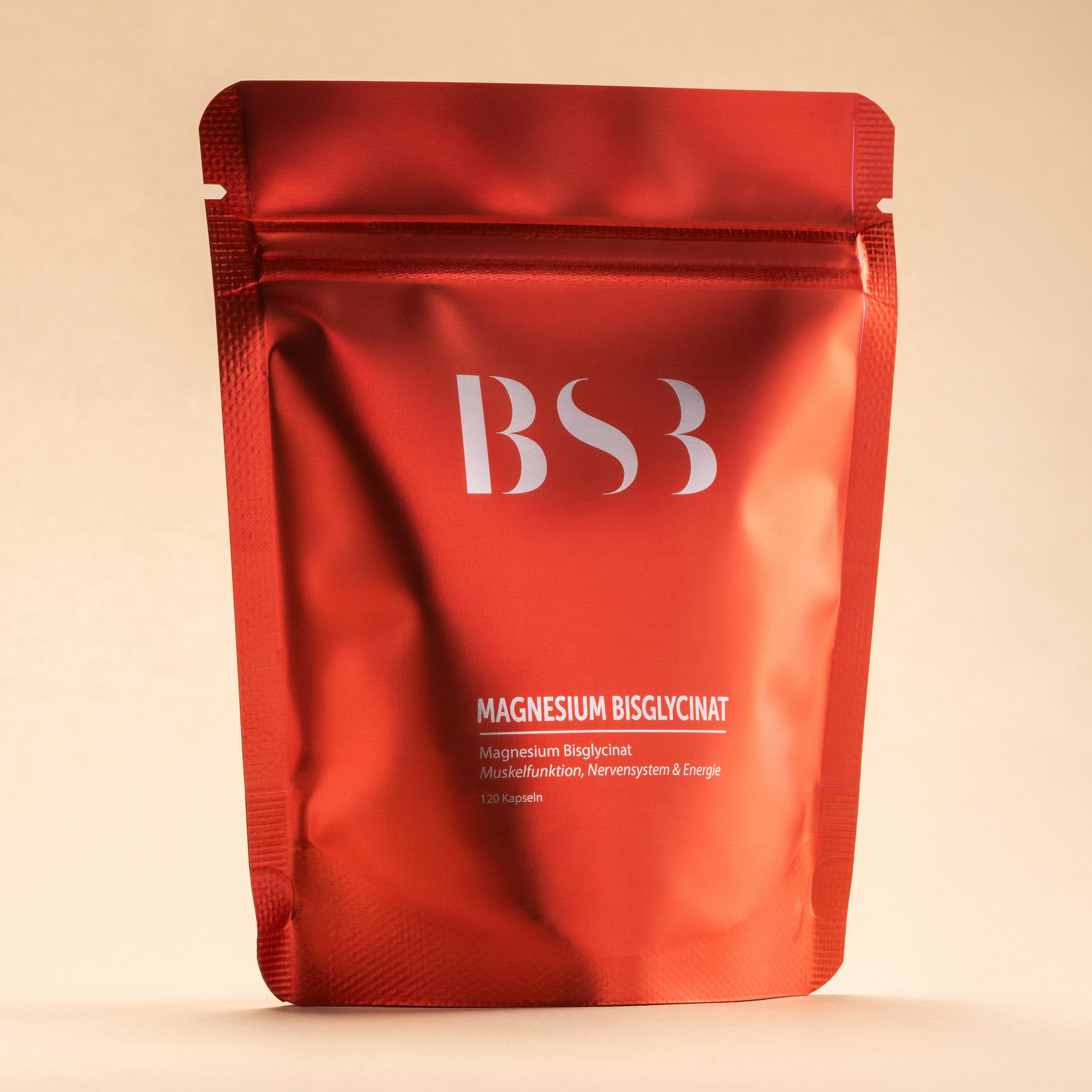 Magnesium Bisglycinat Nachfüllpack von BeautySystem-3, hochwertiges Nahrungsergänzungsmittel in einer Papiertüte.