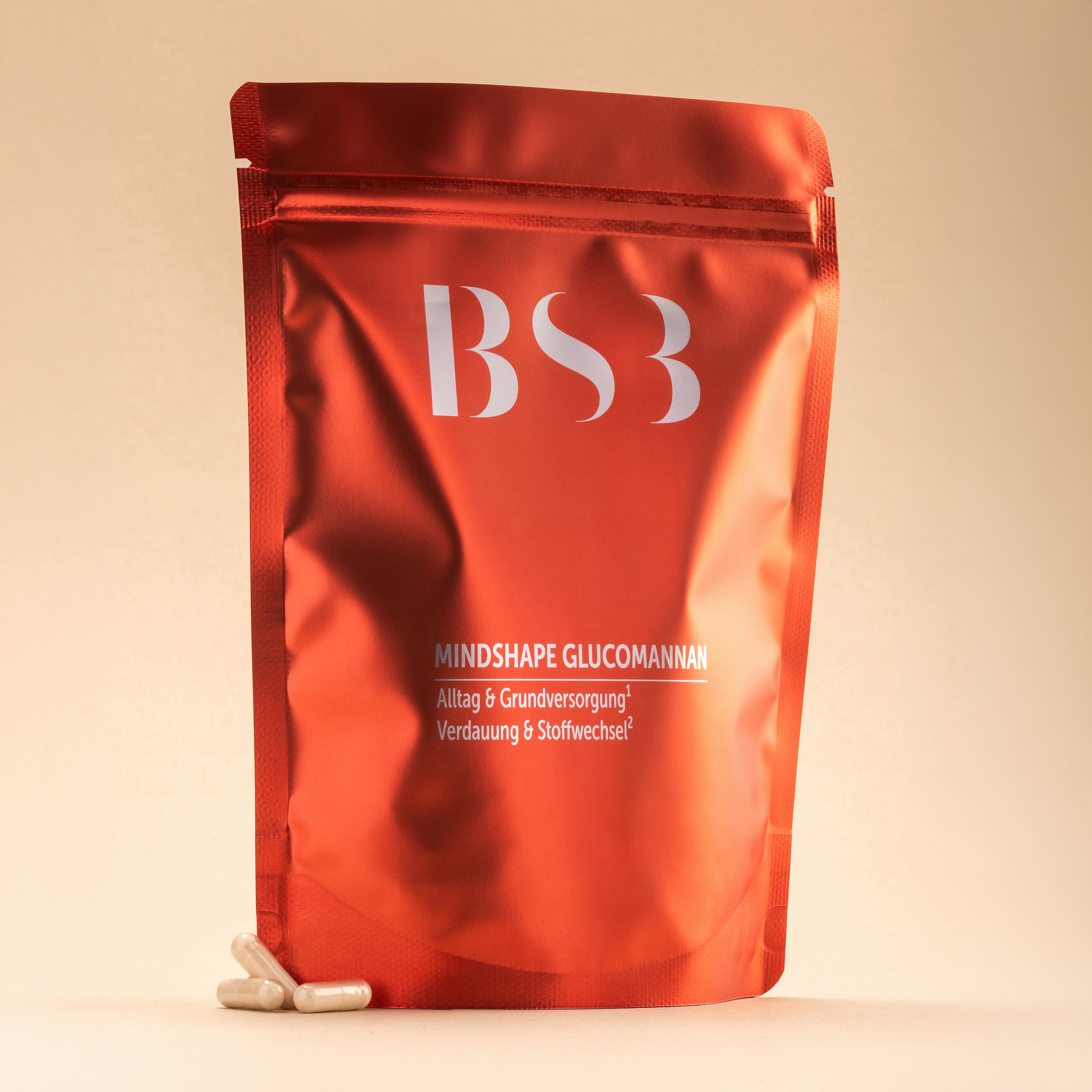MinShape Glucomannan Kapseln von BeautySystem-3 in Dosette, zeigt die Kapseln in einer Packung mit Nachfüllbehälter